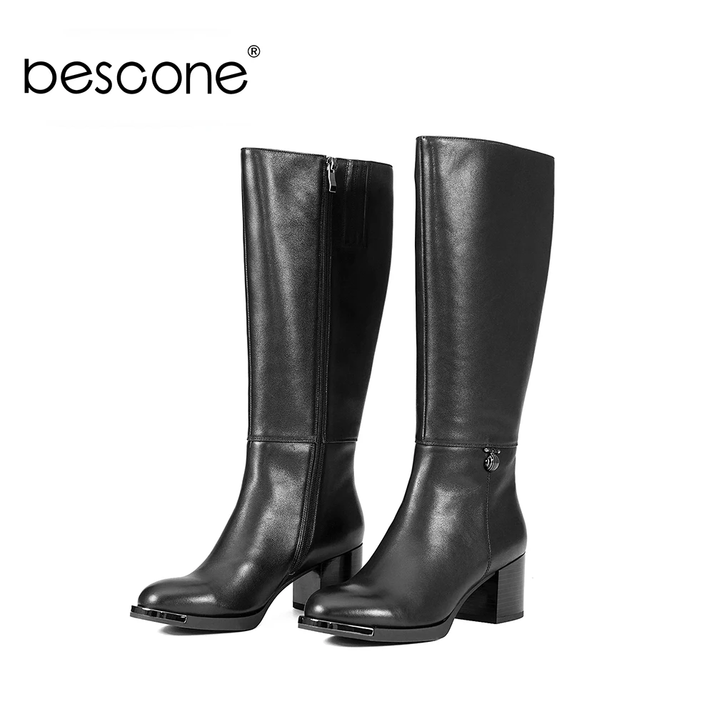 BESCONE/женские сапоги из натуральной кожи Высококачественные до колена с круглым