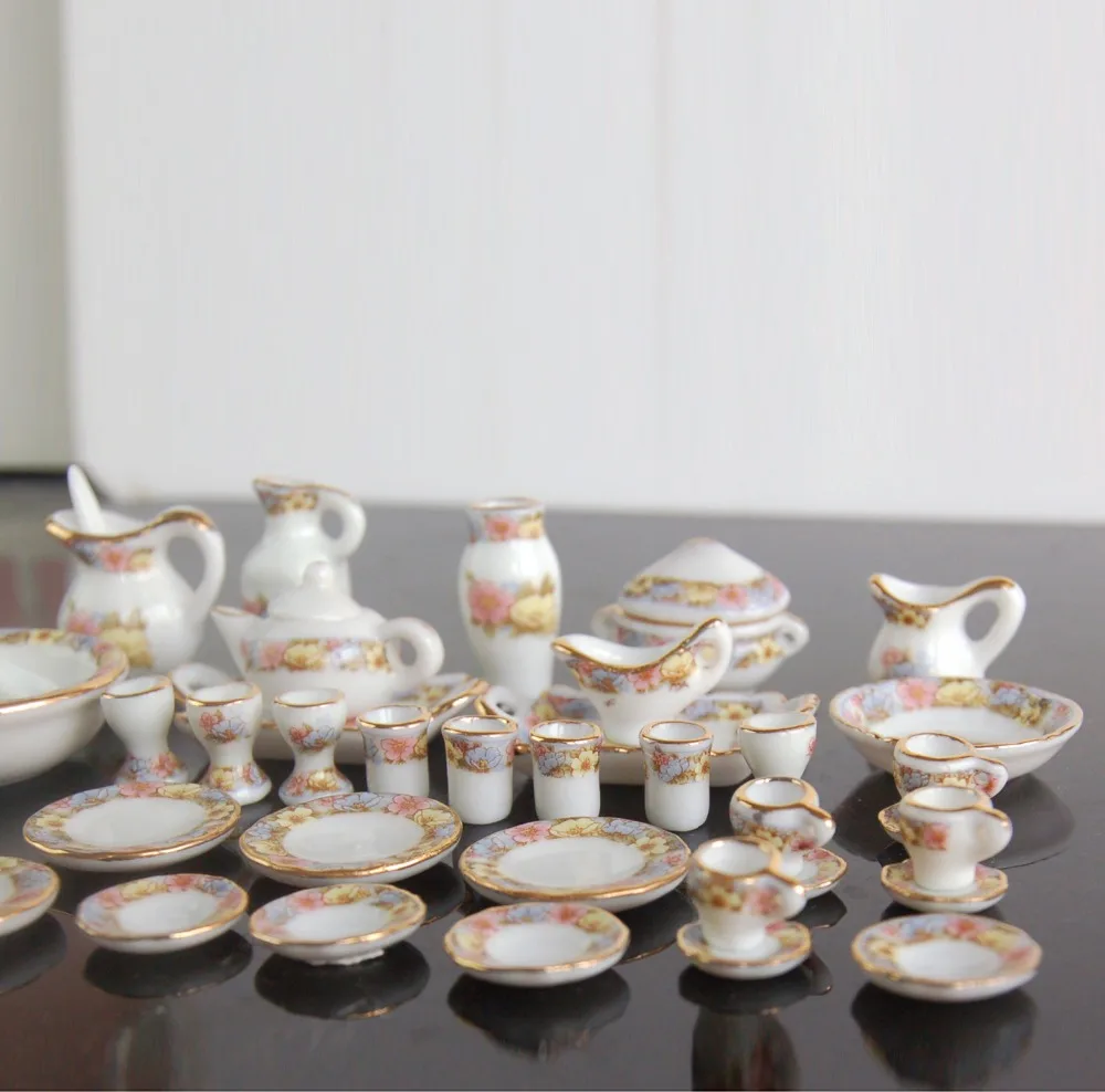 1:12 Doll house miniature 42 pcs/ Set Ceramics Flower World Style Tableware Kitchen accessories Free shipping | Игрушки и хобби
