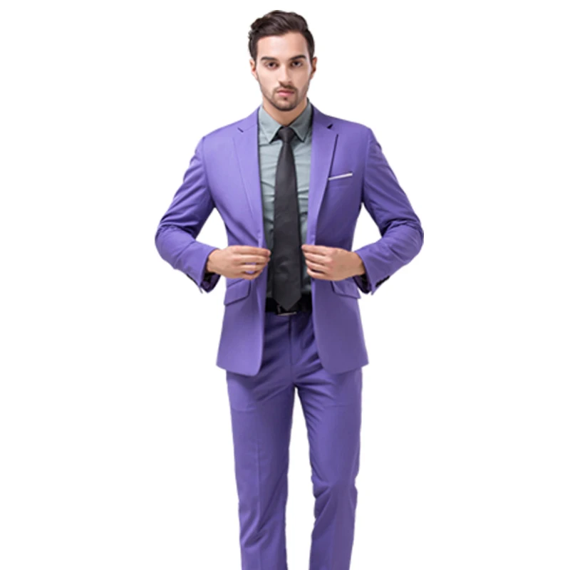 purple 2pcs Азиатский размер, высокое качество, фиолетовый цвет, мужской костюм, комплект из 3 предметов, Тонкий деловой однотонный костюм, модный костюм жениха - Цвет: purple 2pcs
