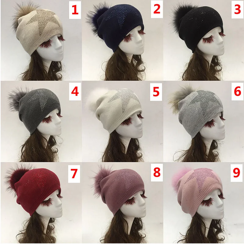

Fauzimen winter women real fur pom pom hats wool knitted thick warm lined beanies hat lady fashion bobble ski caps