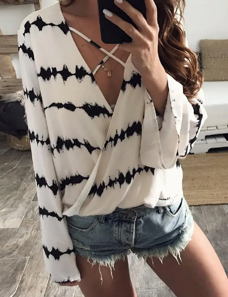 DSstyles Для женщин Шифоновая блузка 2019 летнее элегантное платье в полоску с v