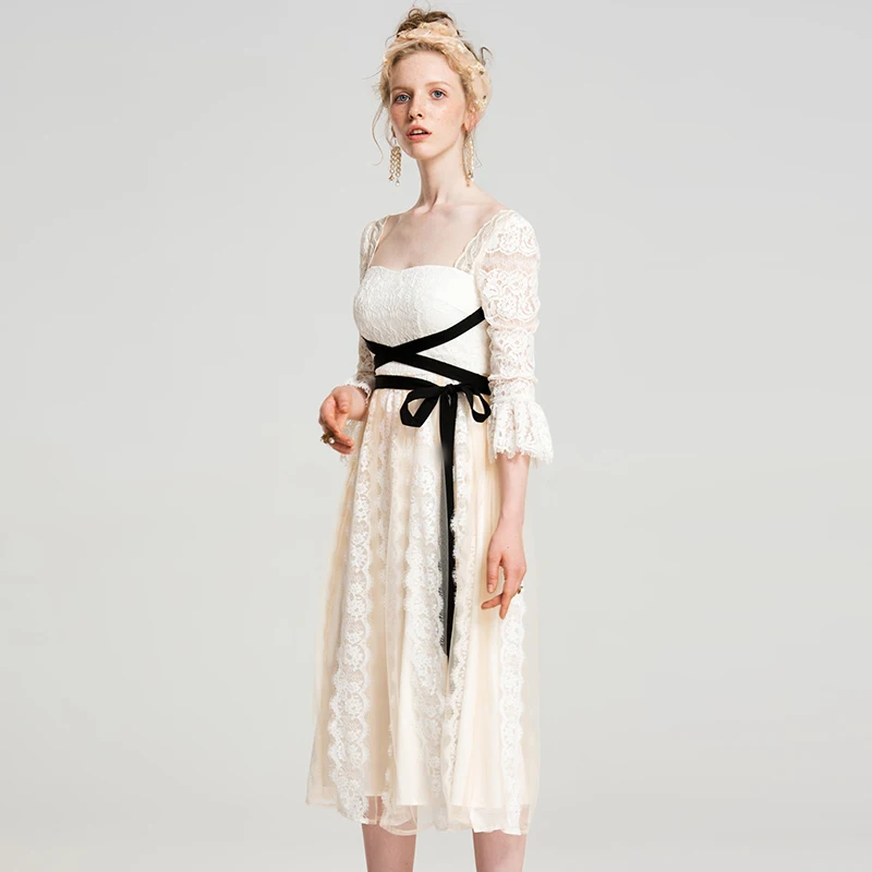 Женское кружевное платье миди YIGELILA облегающее с квадратным вырезом рукавами три