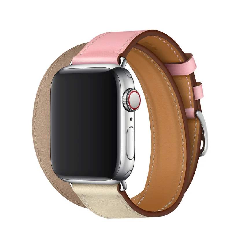 Double Pink Beige Ремешок с двойной петлей для яблока 38 мм 42 мм из натуральной кожи ремешок для IWatch Series 4 3 2 1 ремешок двухцветной браслет - Цвет ремешка: Double Pink Beige