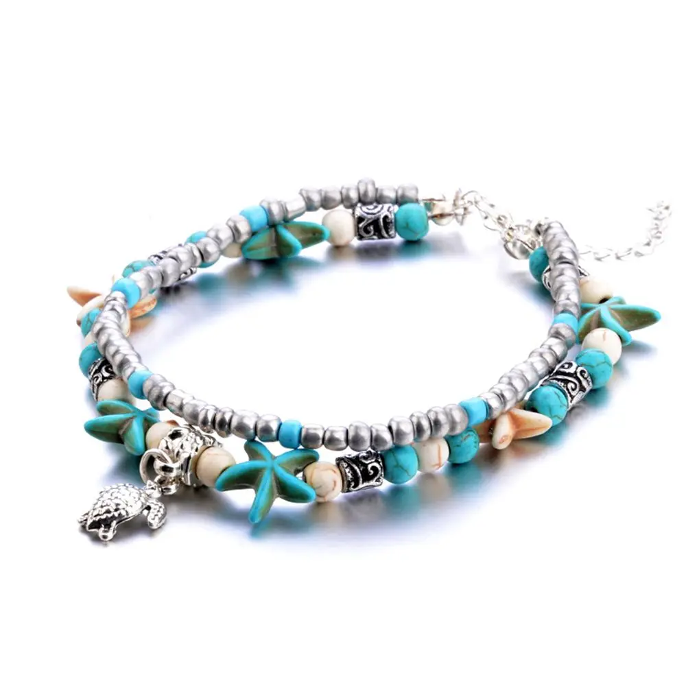 

2019 Bohemian Multiple Layers Starfish Turtle Beads Anklets For Women Vintage Boho Shell Chain Anklet Bracelet Beach Jewelry