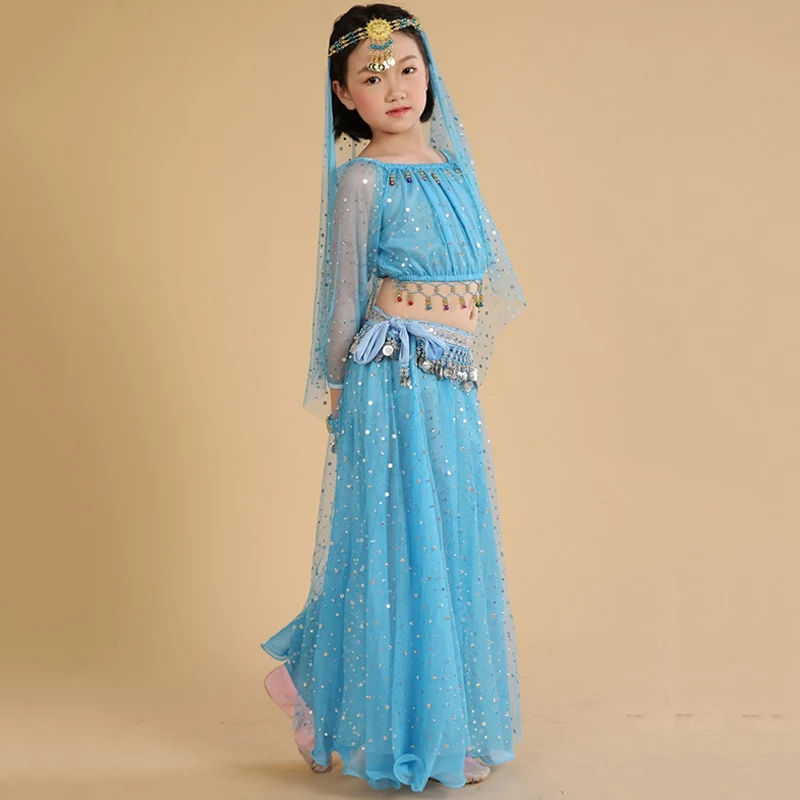 Light Blue Детские костюмы для танца живота для девочек, костюмы для танца живота, детские костюмы для восточных танцев, костюмы для индийских выступлений, Одежда для танцев, комплект одежды - Цвет: Light Blue