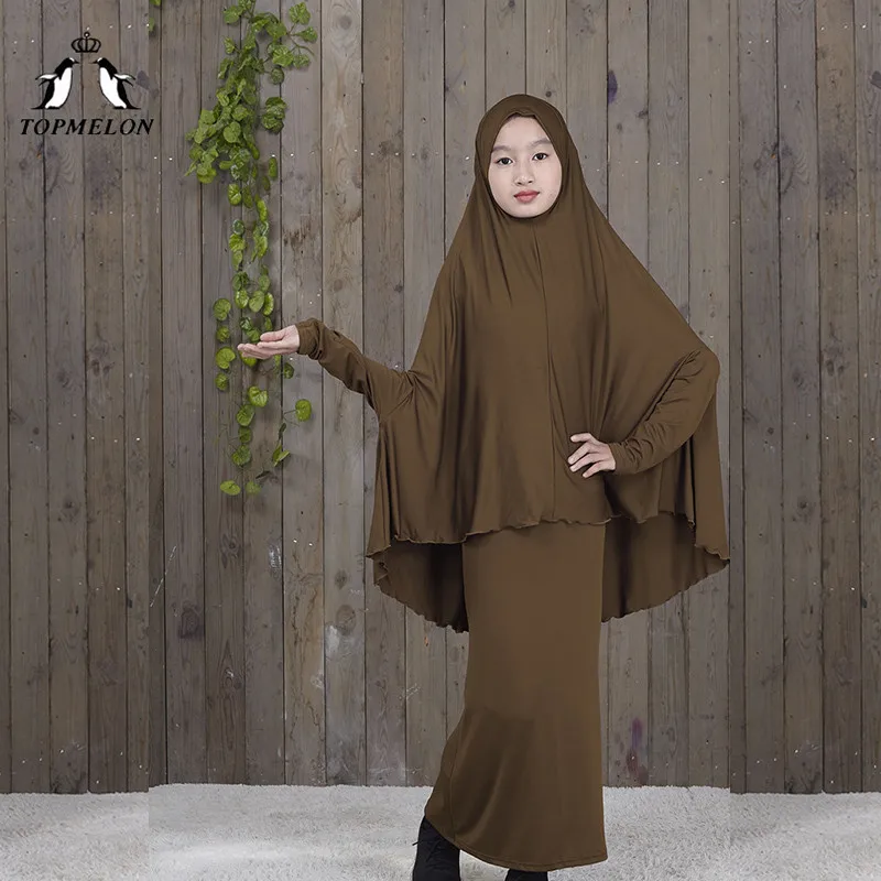 midi coffee TOPMELON традиционные abaya хиджаб халаты для девочек из двух частей мусульманская молитва одежда Дети Твердые свободные большие abaya s - Цвет: midi coffee