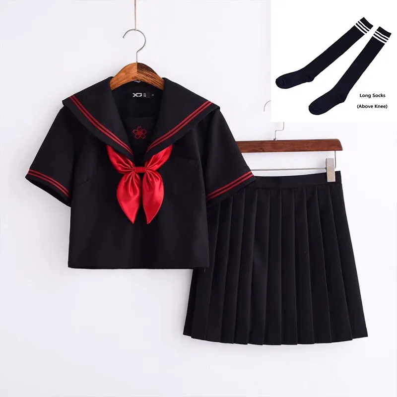 Uhyd Cherry Blossom школьная форма с вышивкой, черный цвет, короткий рукав, японские костюмы для девочек-подростков, аниме, школьные костюмы для девочек, Матроски - Цвет: Short Set With Socks