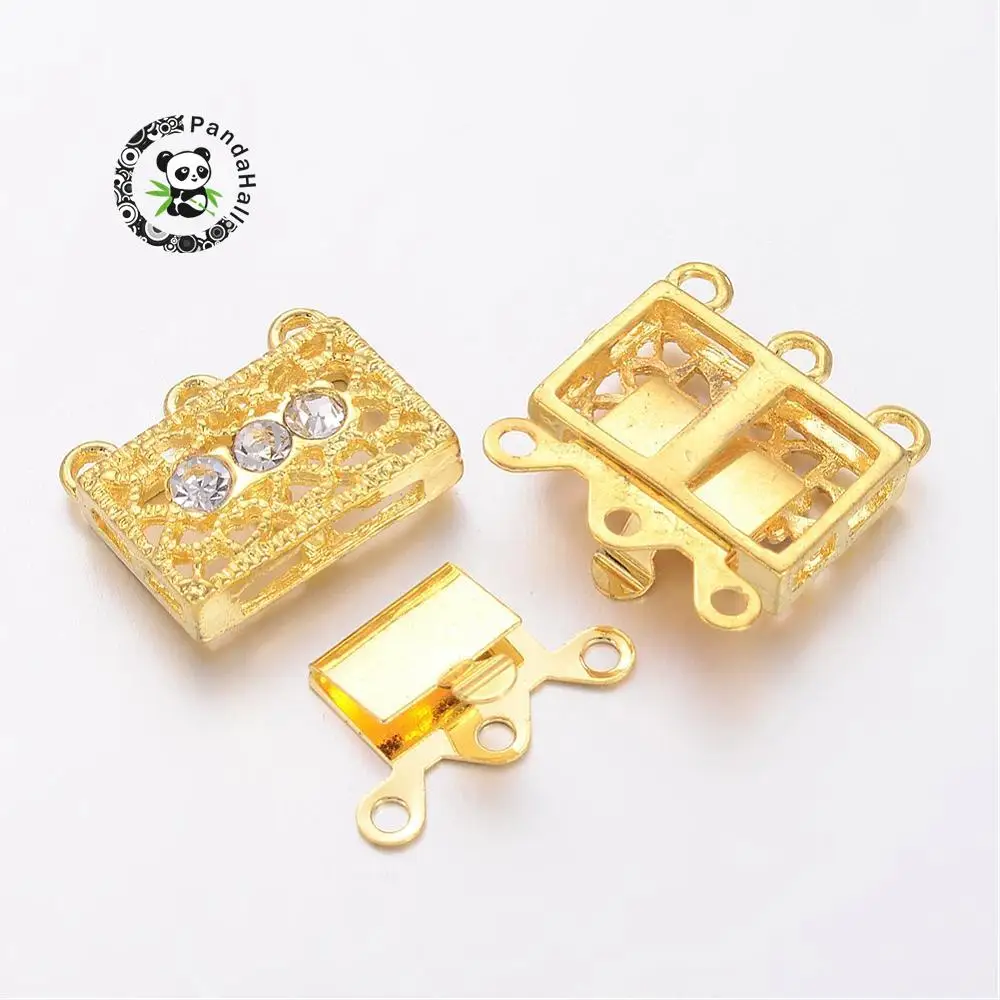 2 компл. Золотой Тон Латунь Rhinestone застежками, филигрань Box застежками, около 18 мм, 17 мм, 7 мм толщиной; отверстие: 1,5 мм
