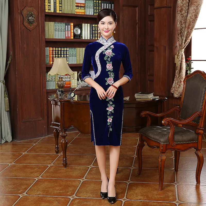 Роскошное ручное вышитое бисером вельветовое платье Cheongsam голубое китайское