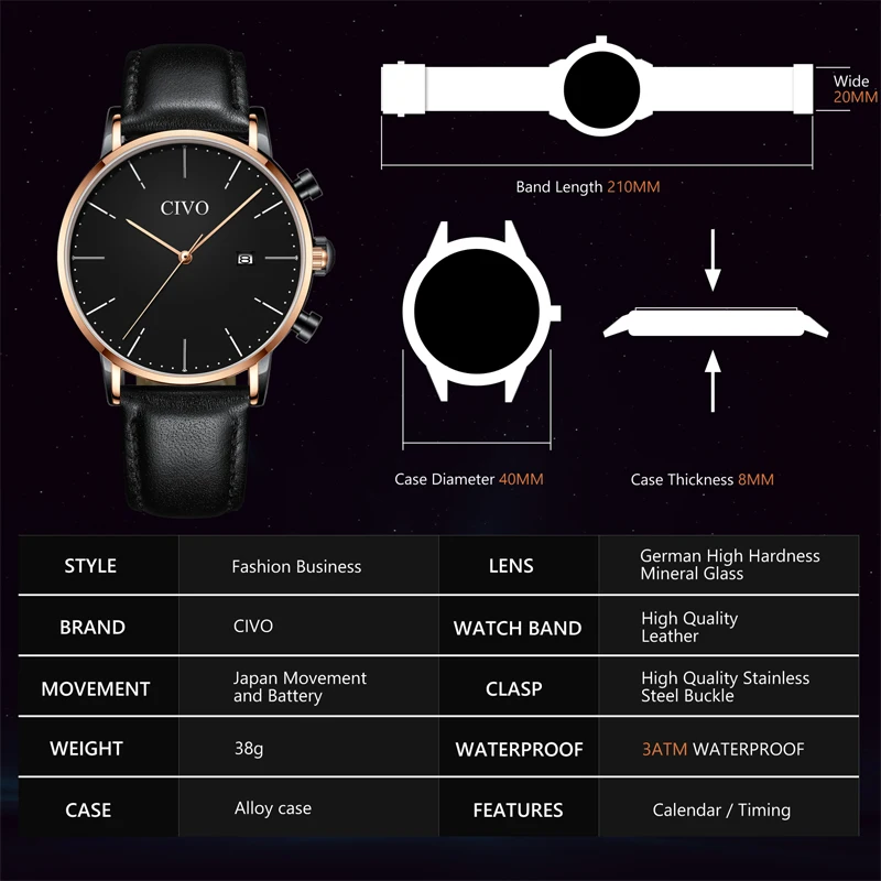 CIVO модные деловые мужские часы Лидирующий бренд Роскошные Аналоговые кварцевые