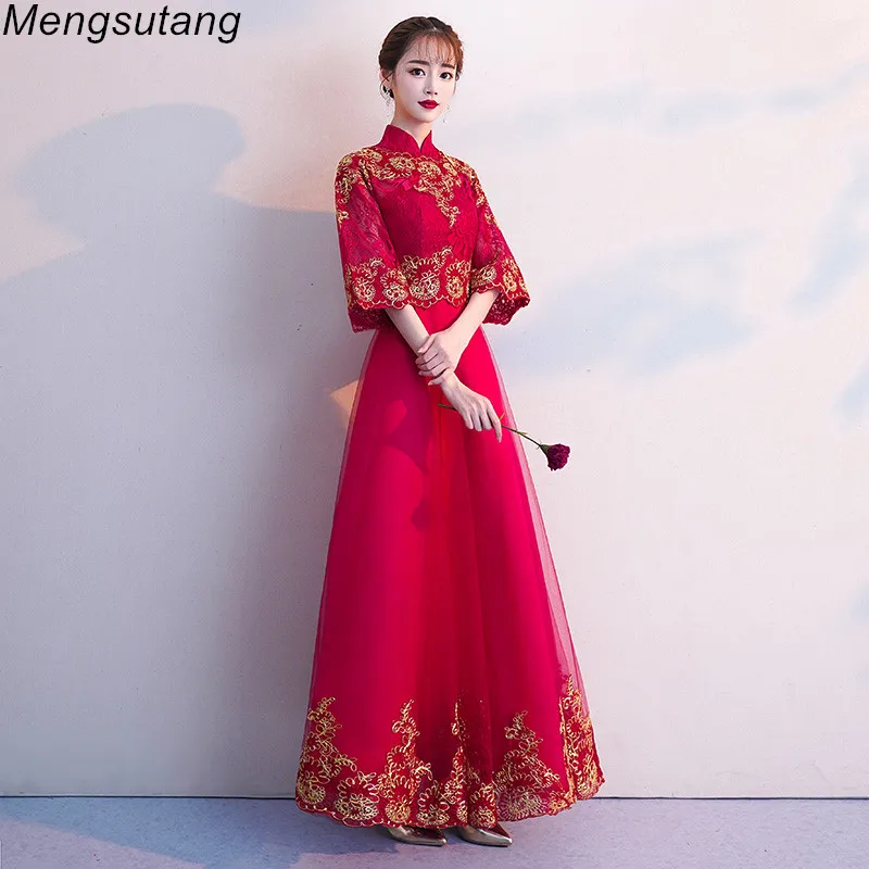 

Robe de soiree Wine red Chinese Traditional Wedding formal Evening dresses Vintage Embroidery Elegant Toast Party Prom Dresses