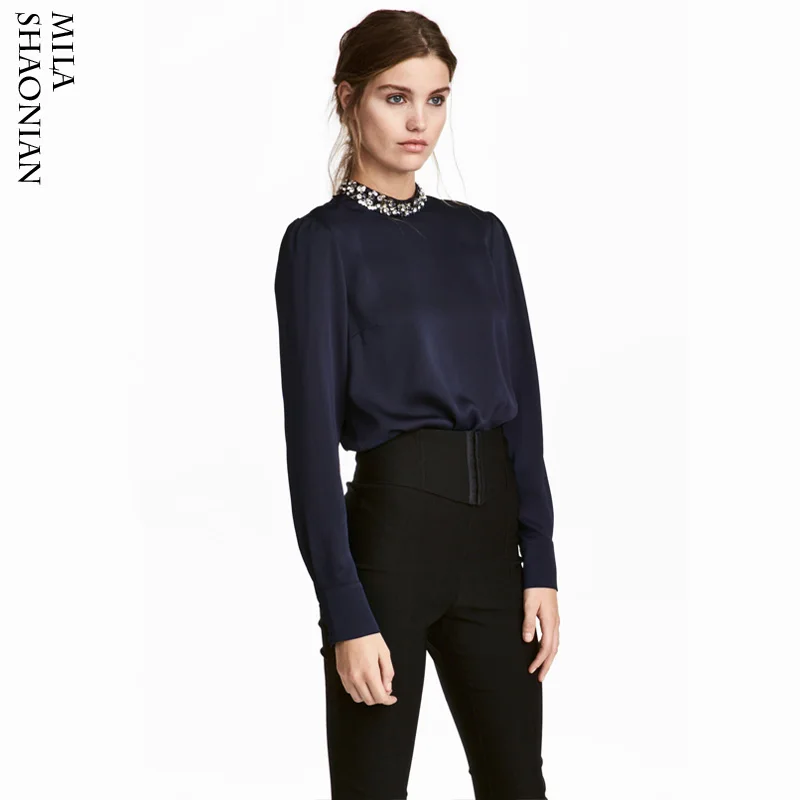 Бриллианты воротник стойка шелковая блузка женские топы свободная офисная
