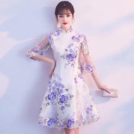 purple4 Шампанское кружевное китайское платье Qipao вечерние платья свадебное платье с разрезами по бокам и воротником-стойкой платье новое вечернее платье восточные Свадебные платья Vestido Размер 2XL - Цвет: purple4