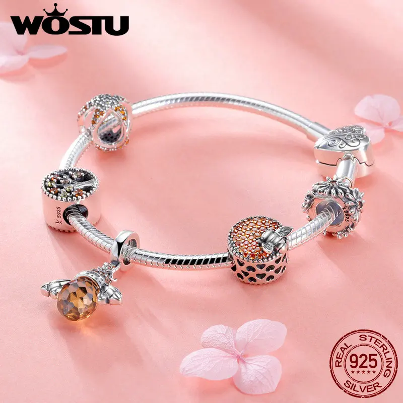 WOSTU Настоящее серебро 925 проба пчелы и Дейзи желтый Стиль браслет для Для женщин S925 серебряные ювелирные бусинки подарок BKB805