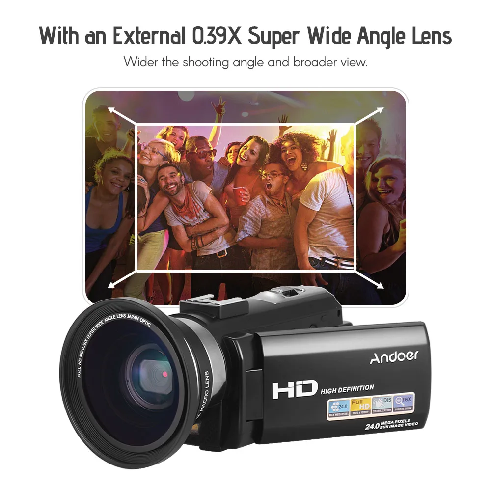 Andoer 1080p Fhd Цифровая видеокамера Dv рекордер 24mp 16x цифровой зум с 2 шт аккумуляторами 3,0 дюймовый ЖК-экран