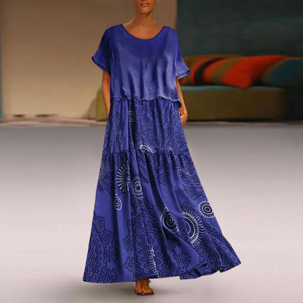 Винтаж Boho Для женщин длинное платье женские повседневные свободные короткий