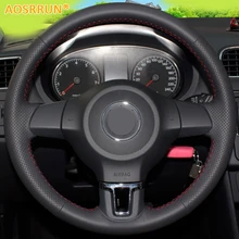 AOSRRUN Car accessories Leather Hand-stitched Car Steering Wheel Covers For Volkswagen VW Golf 6 Mk6 VW Polo MK5 2010-2013
