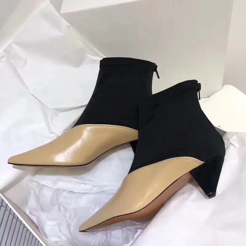 

2018 autumn and winter stretch back zipper and ankle boots ladies pointed color matching strange heel shoes women's fashion leat