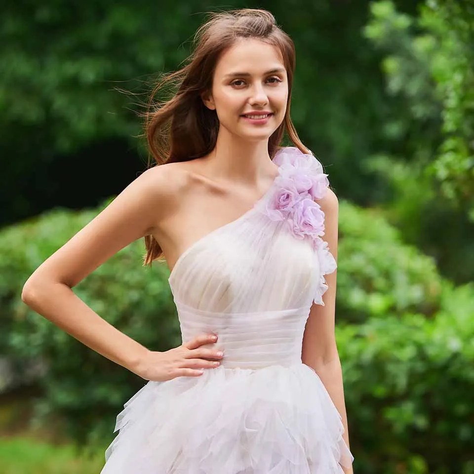 

Dressv evening dress one shoulder a line sleeveless floor-length draped flower wedding party formal dress evening dress