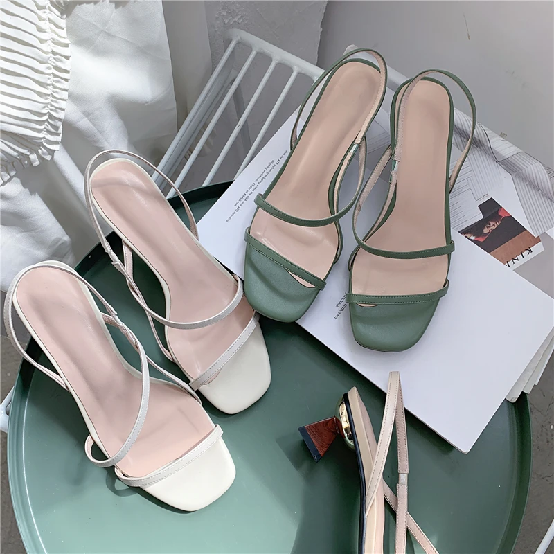 ISNOM Strange Style Sandals Women Cow Leather Summer High Heels Shoes Female Party Concise Ladies 2019 New Green | Обувь