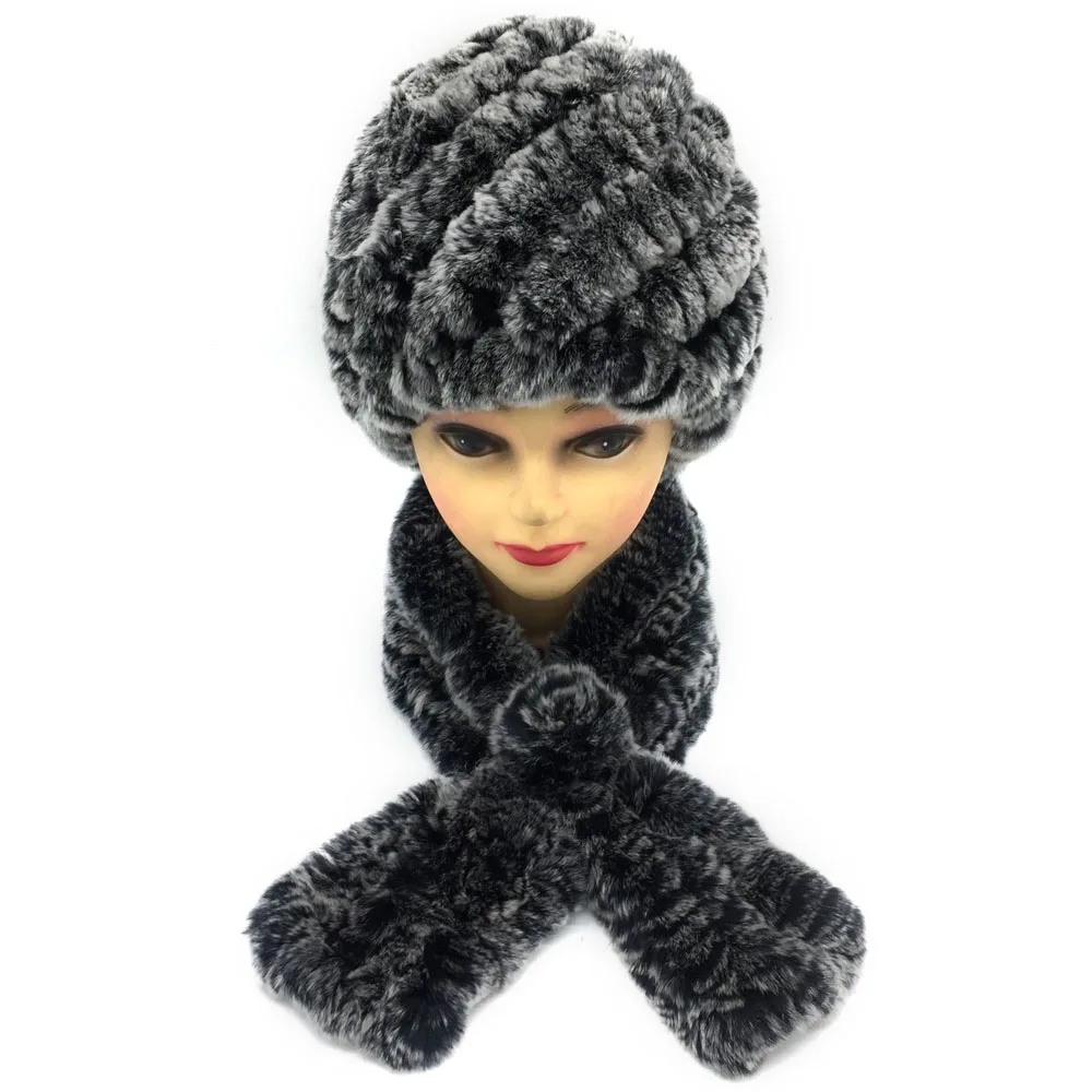 Зимняя женская теплая шапка из натурального меха кролика рекс с шарфом комплект 2