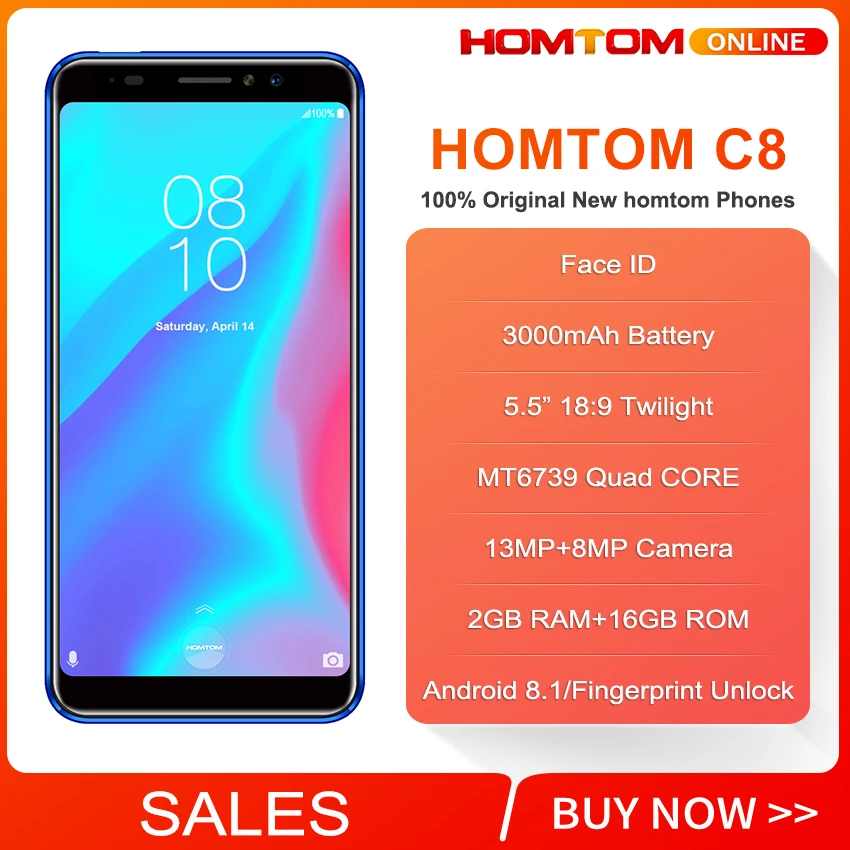 Смартфон HOMTOM C8 5 &quotHD + 4G 3000 мАч 2 Гб ОЗУ 16 ПЗУ Android 8 1 четыре ядра Face ID две задние