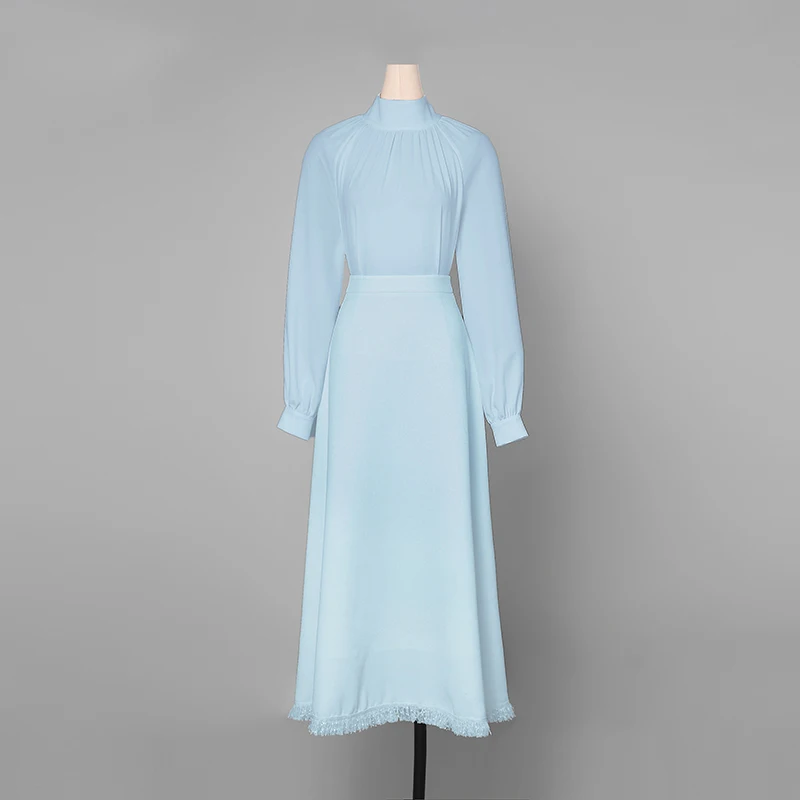 2019 Newest Pretty Solid Draped Sets Women High Quality Lantern Sleeve Stand Collar Shirts +Long A-Line Skirt 2 Pieces Set C3316 | Женская