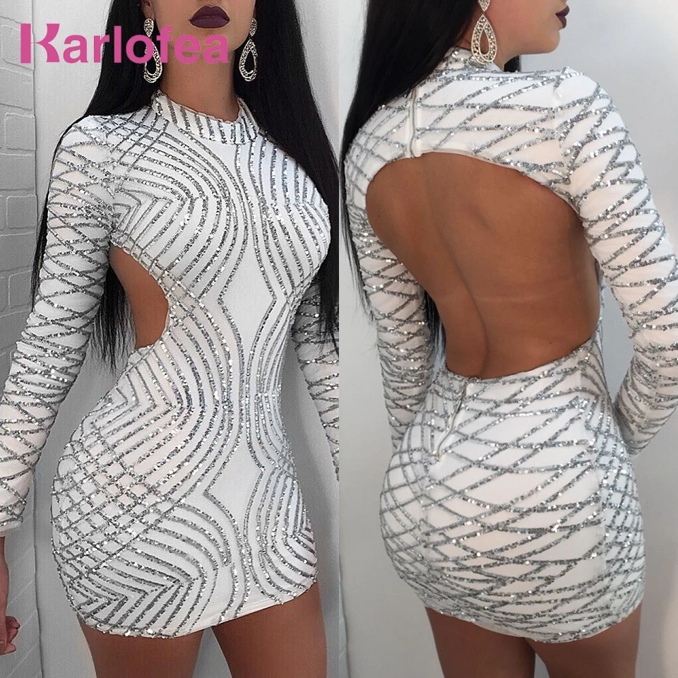 Karlofea Весна Sexy Клубные вечерние платья с открытой спиной, на день рождения, мини-платье с длинными рукавами для девочек; Новинка; модная женская красивое облегающее платье