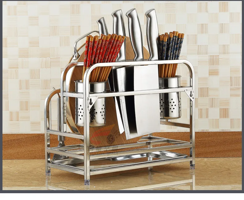 Kitchen Storage Rack Stainless Steel Organizer Shelf Condiment Knife Chopping Board Holder Dual Layer Holder
