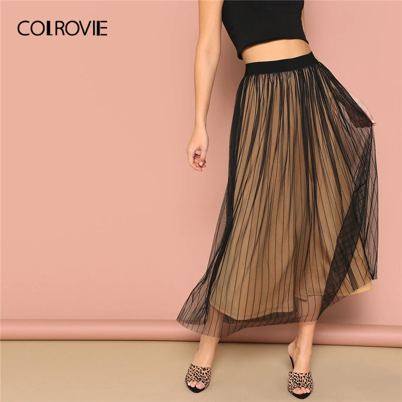 COLROVIE, черная эластичная резинка на талии, в полоску, сетчатая накладка, элегантная женская длинная юбка,, корейский стиль, эластичная, для офиса, для девушек, юбки