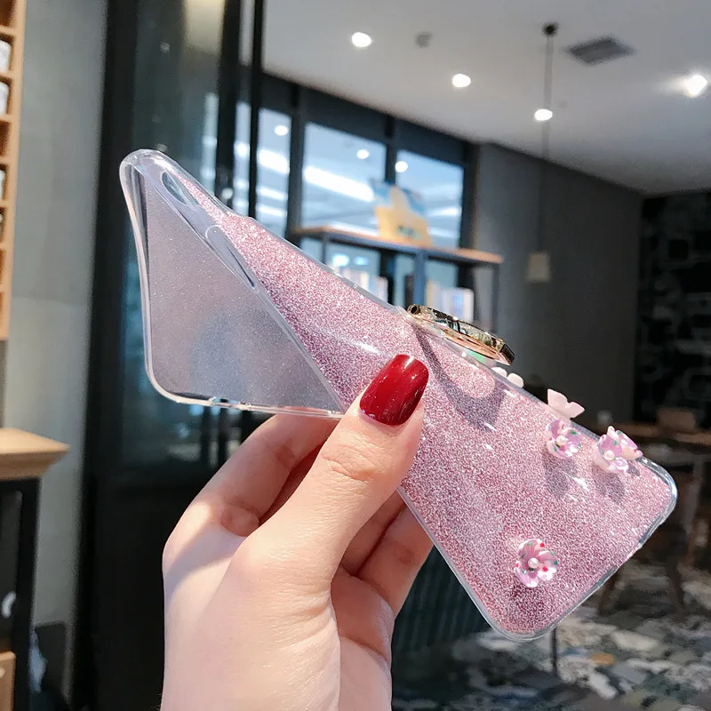 Luxury DIY Handmade Flower Cover for Huawei P8 P9 P10 Lite P20 P30 Pro Bling Glitter Finger Ring Flash powder Case |