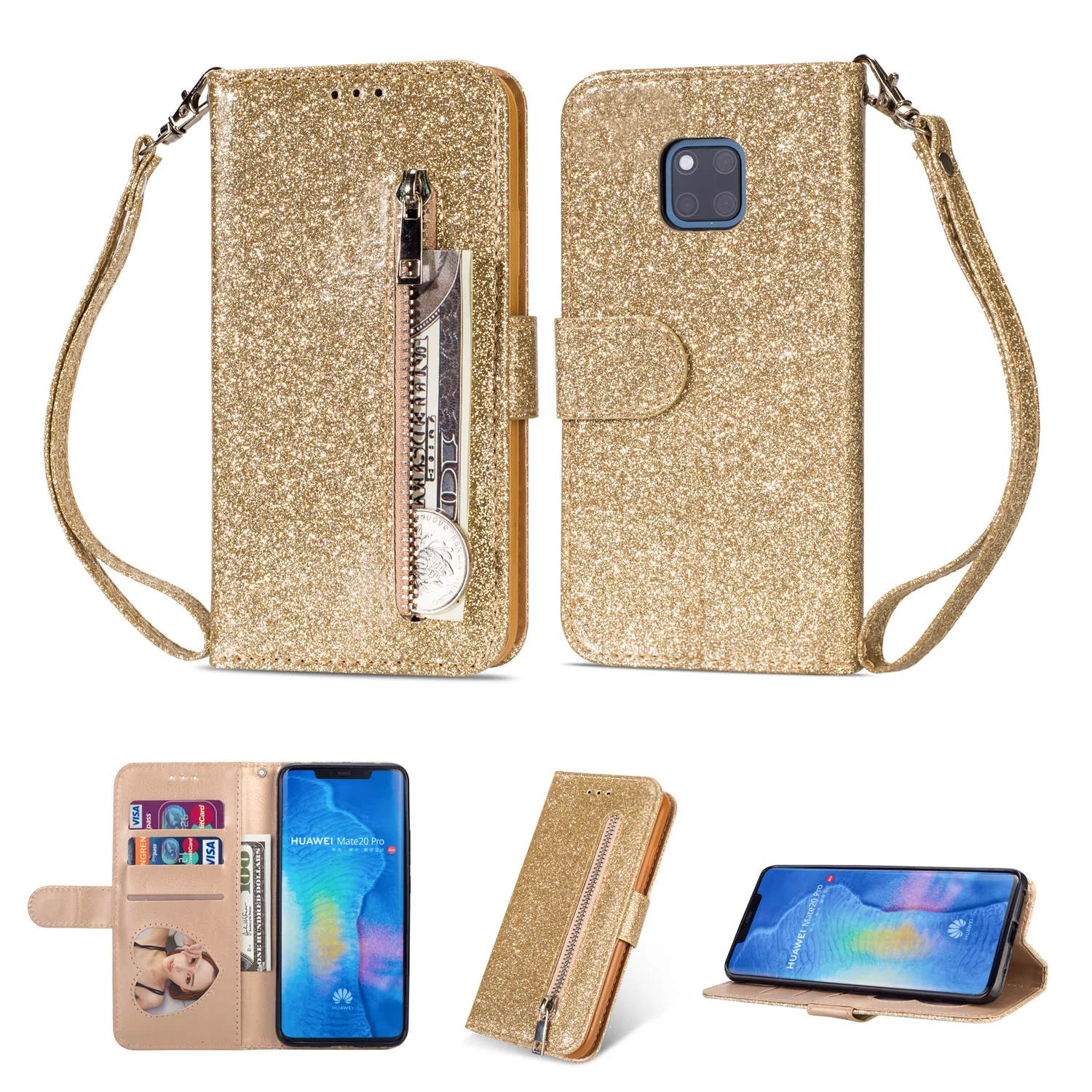 Gold Роскошный чехол сверкающий с блестками для huawei Y7 Y6 Prime P Smart Plus mate 20 10 P30 P20 Pro Lite кожаный кошелек на молнии откидной Чехол для карт - Цвет: Gold