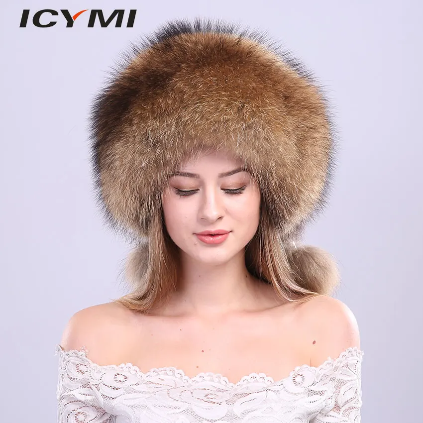 ICYMI Whole Piece Raccoon Fur Hats Unisex Super Warm Russian Outdoor PomPom Caps Skiing Snow Real Fur hats Women Men's Headgear