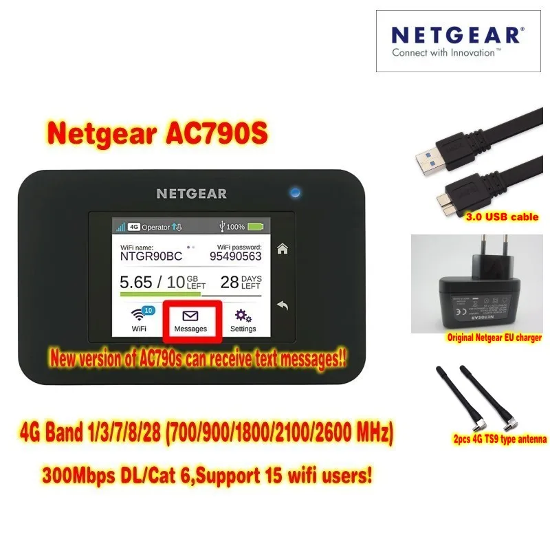 Lot of 10pcs original packag netger AC790S 4g cat6 300 mbps mobile touch screen router (plus antenna)