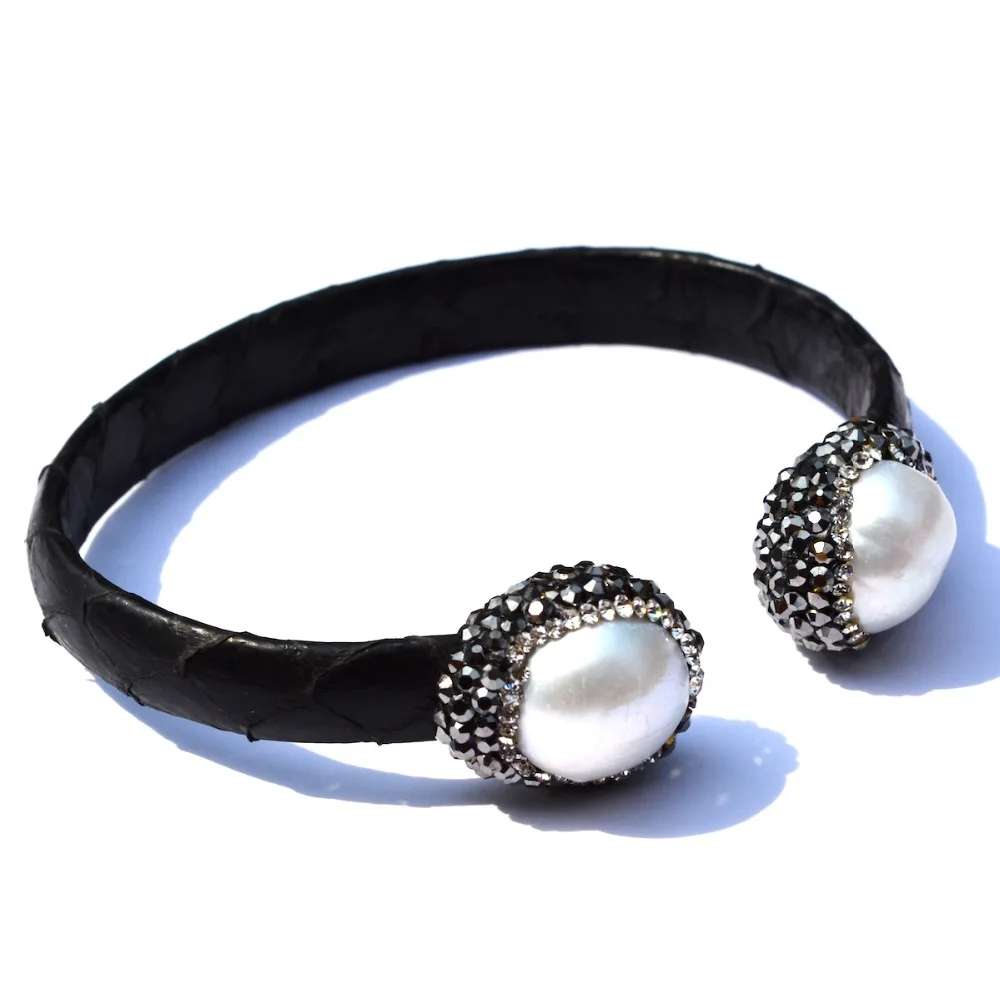 Fashion New Pave Rhinestone Natural Pearl Snakeskin Leather Cuff Bangles Jewelry Bracelets