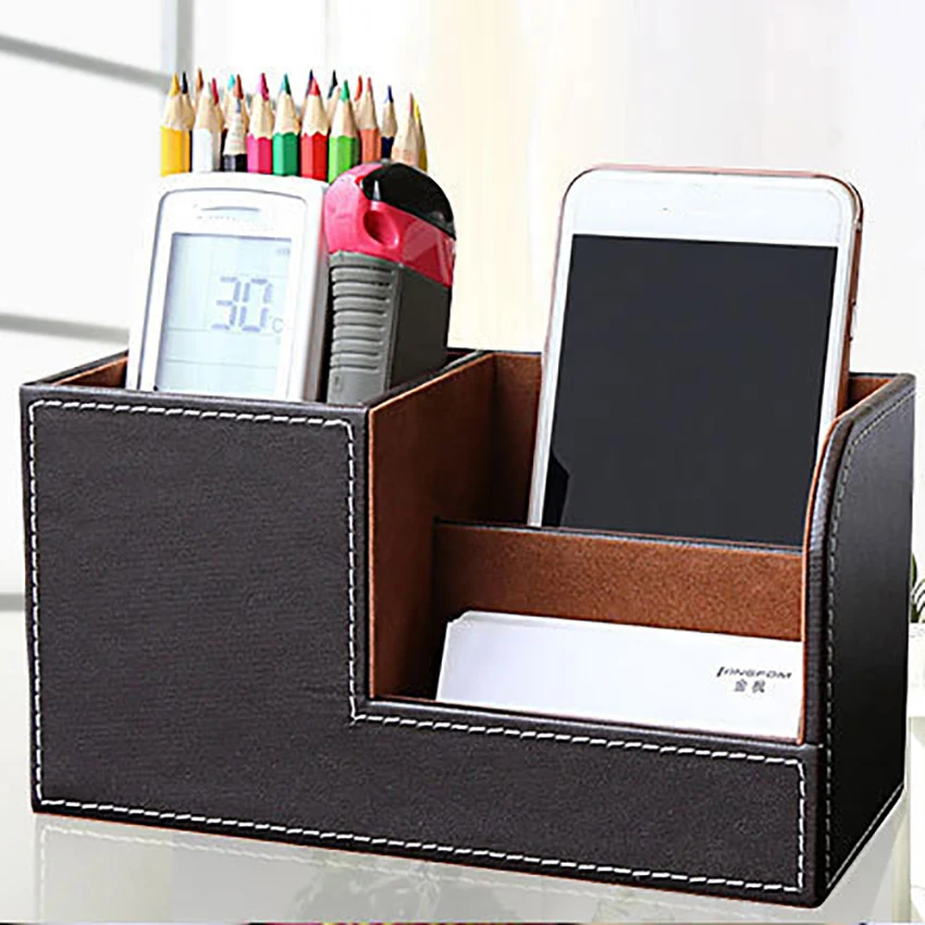 

PU Leather Multi-Function Desk Organizer Storage Box for Pen Pencil Business Cards Stand Mobile Phone/Remote Control Holder
