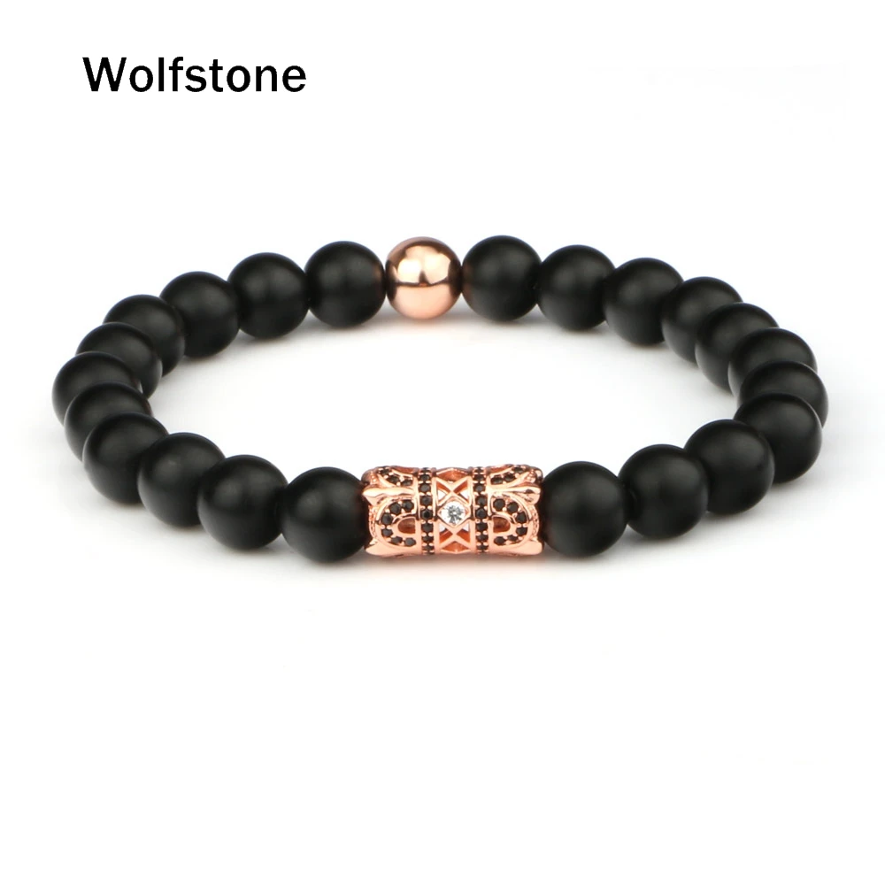 Wolfstone Мода Micro Pave CZ twin Корона 8 мм черный скраб оникс Бусины Браслет Fit Для мужчин