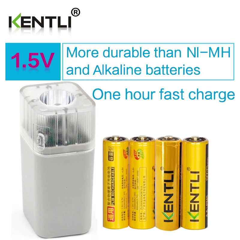 4 шт. KENTLI 1,5 v AA 2400mWh полимерная литий-ионная аккумуляторная батарея + 4 канала AA AAA зарядное устройство с функцией фонарика