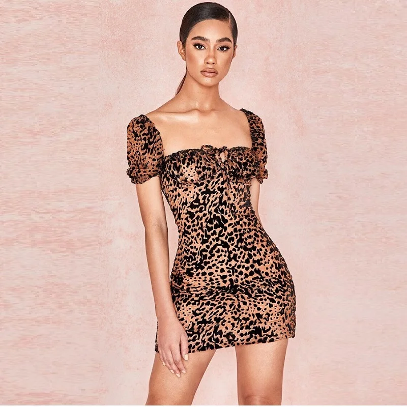 Женское леопардовое Клубное платье с коротким рукавом облегающее бархатное мини