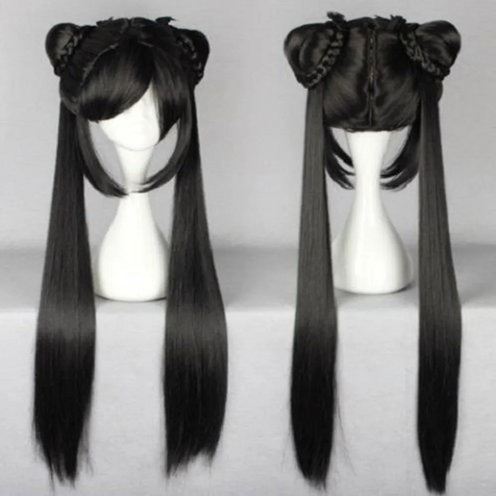 

long black Straight Lolita Women Wig With Two Ponytails Anime Cosplay Wig free shipping