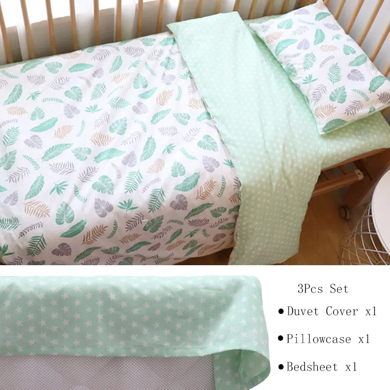Green Leaf 3Pcs Flat Комплект постельного белья для малышей, Скандинавское хлопковое Тканое детское постельное белье для новорожденных, детская кроватка, постельные принадлежности для мальчиков и девочек, индивидуальный заказ - Цвет: Green Leaf 3Pcs Flat