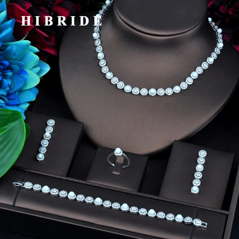Женский Ювелирный Комплект HIBRIDE, жемчужное ожерелье, серьги, кольцо, браслет, свадебный аксессуар, N-747