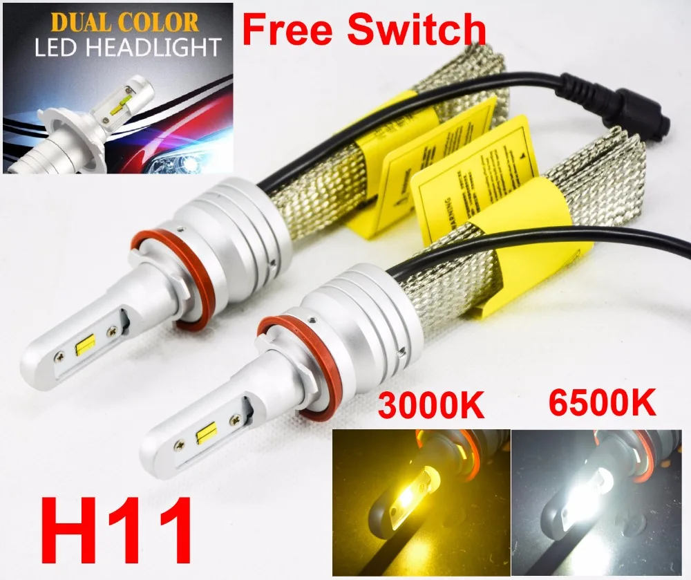 

1 Set H8 H9 H11 Dual-Color S5 LED Headlight 60W 8000LM LMILED ZES Chips Fanless 3000K 6500K Golden Yellow White Free Switch Lamp