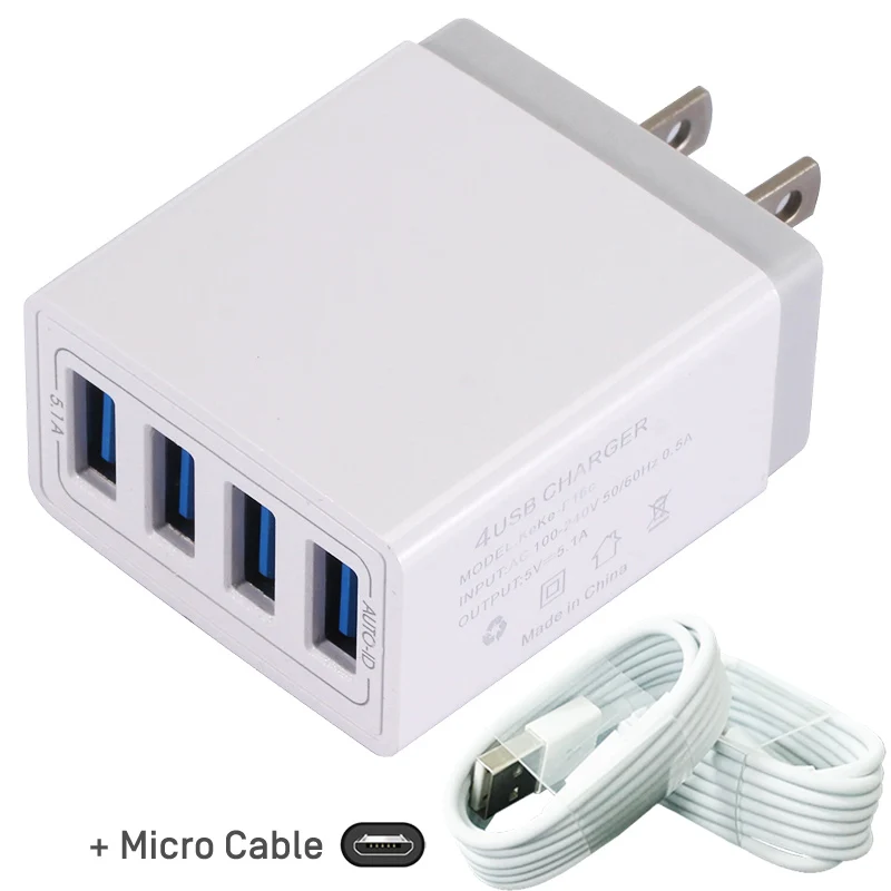 Несколько USB зарядное устройство 5.1A быстрое зарядное устройство s с кабелем Micro для huawei mate 20 P20 для iPhone samsung Xiaomi 4 порта USB зарядное устройство EU - Тип штекера: US White