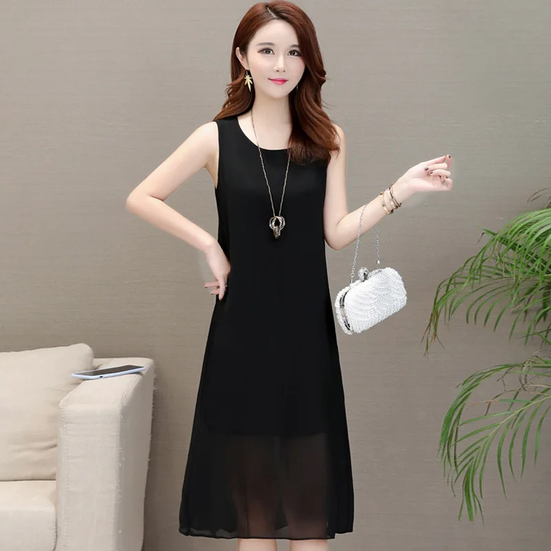 Casual Summer A Line Chiffon Dress Plus Size O Neck Knee Length Sleeveless Elegant Royal Blue Party Solid Colors | Женская одежда