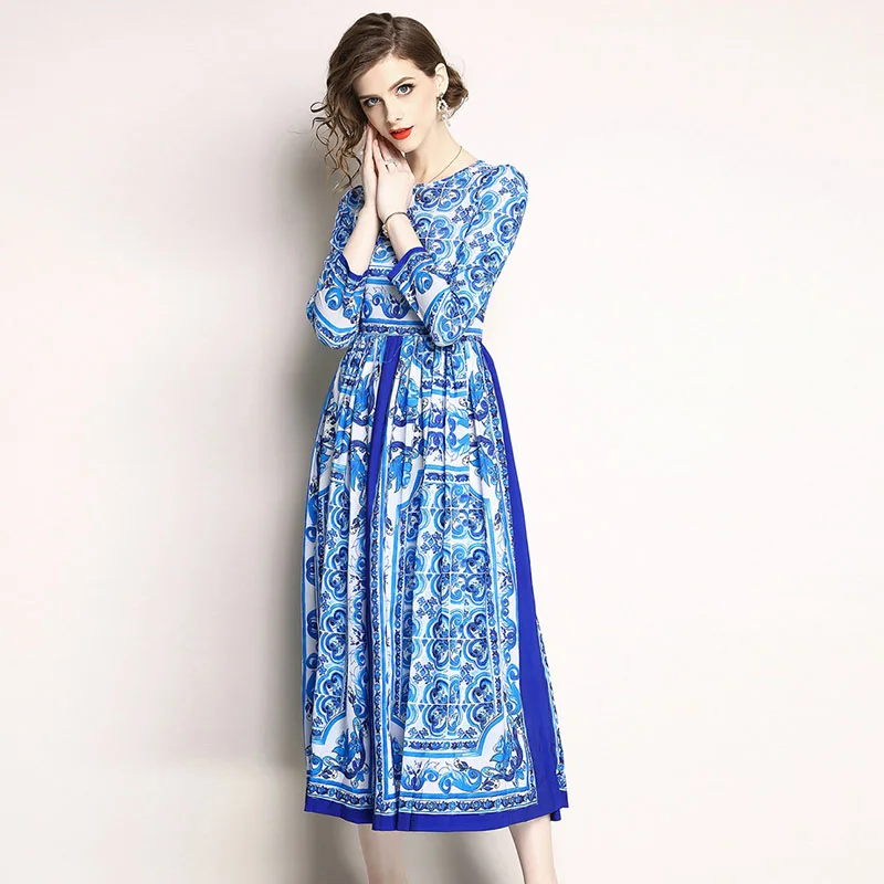 Женское платье с длинным рукавом и круглым вырезом повседневное винтажное