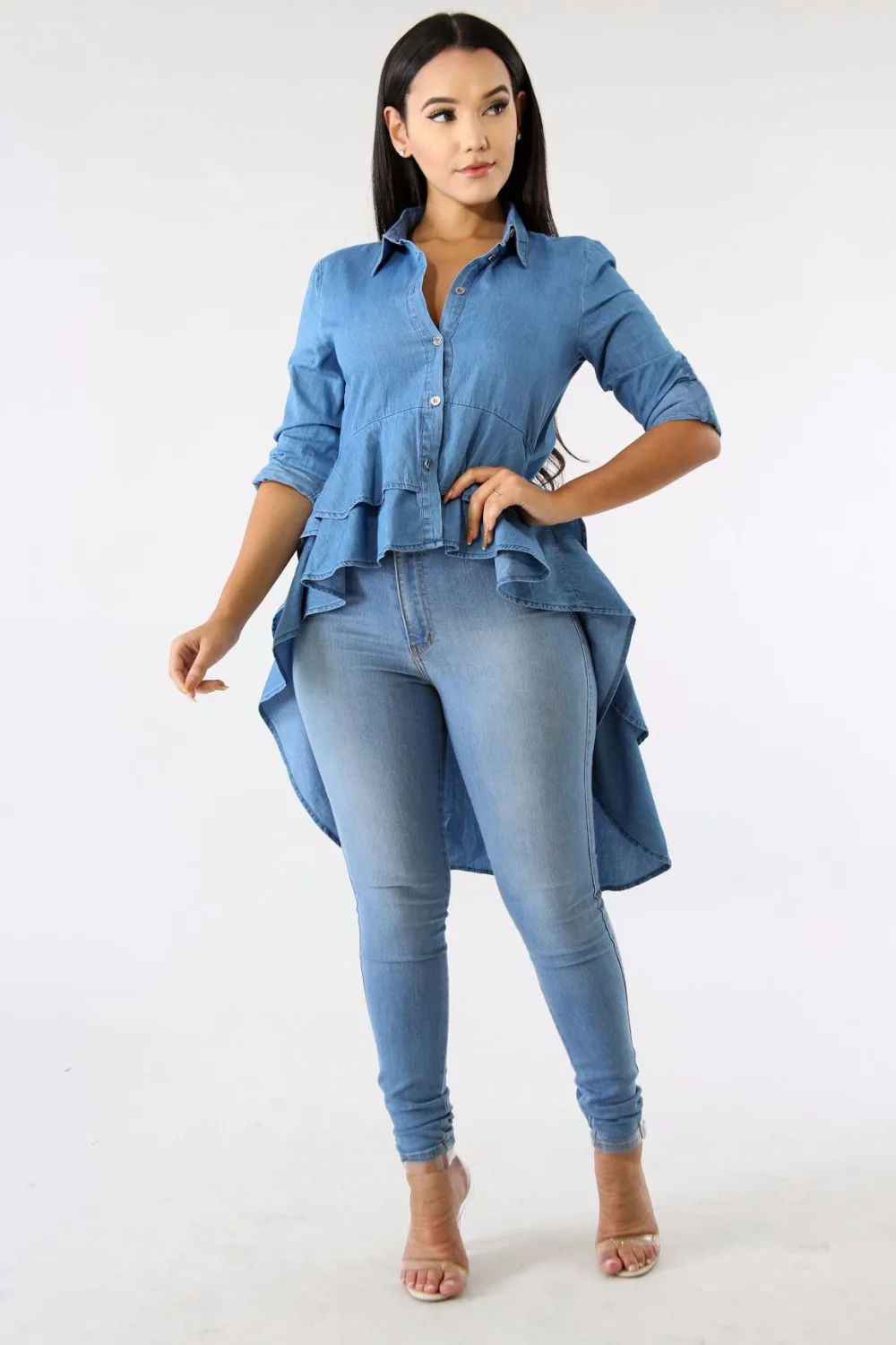 Повседневная Длинная Джинсовая блузка с двойными оборками на подоле, асимметричная синяя рубашка с отложным воротником и пуговицами, джинс... от AliExpress WW