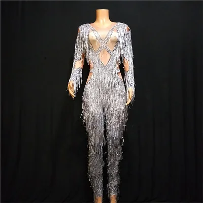 Long Bodysuit Блестящие Серебряные Кристаллы бахрома танцевальный костюм перчатки со стразами кисточкой боди вечерние танцевальная одежда шоу сексуальный комбинезон DT555 - Цвет: Long Bodysuit