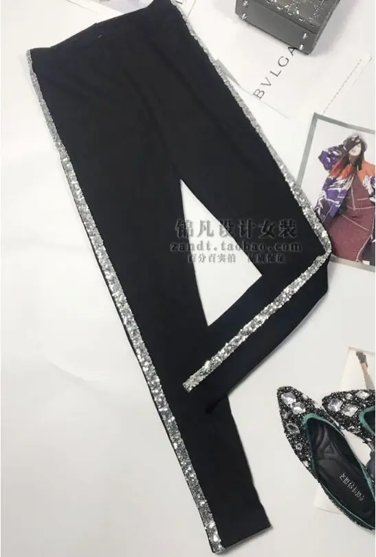 black silver Сезон весна-лето; узкие брюки для женщин; Модные полосатые хлопковые брюки с блестками по бокам для девочек; новые осенние серые Стрейчевые брюки для женщин - Цвет: black silver