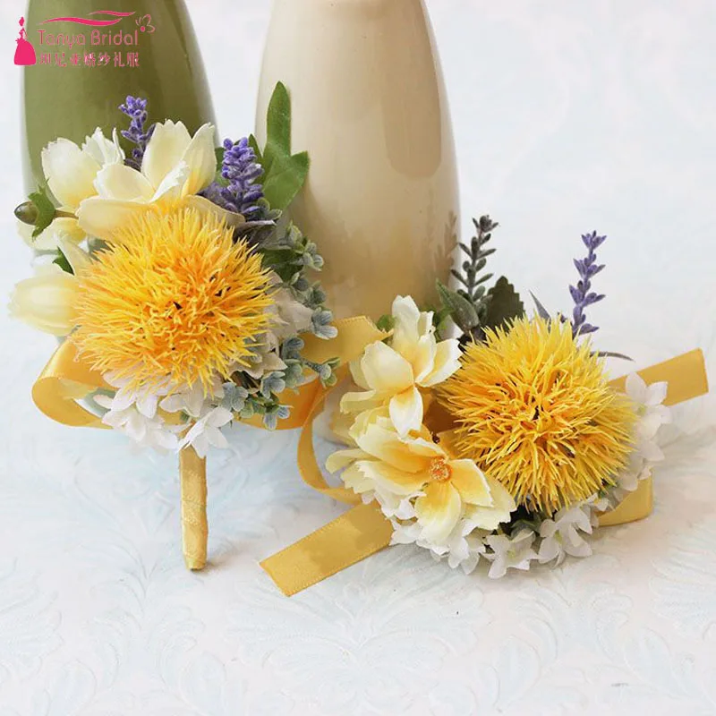 

Bright Yellow Wedding Flowers Forset Fairy Bridesmaid Wrist Corsage Outstanding Groomman Boutonniere ZHF06